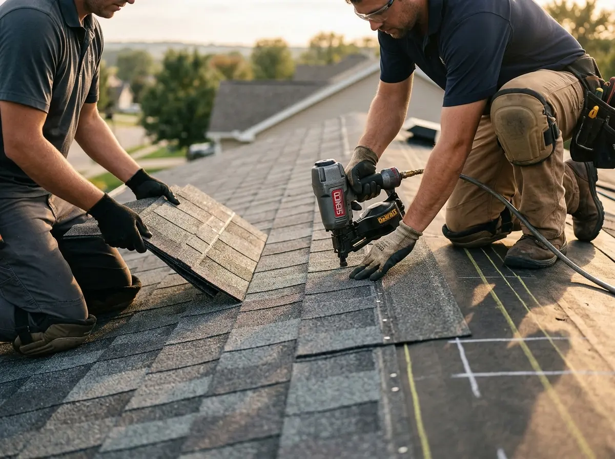 Professional roofer working on a residential roof in Huntsville